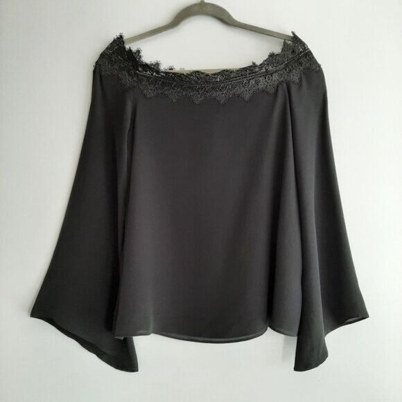 CAMI NYC / Silk Lace Trim Bell Sleeve A-Line Light Lined Blouse Top Black Sz M - Picture 14 of 14